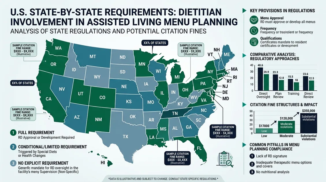Dietitian-Approved Cycle Menus for Senior Care Facilities - State map infographic showing dietitian involvement requirements for assisted living by state