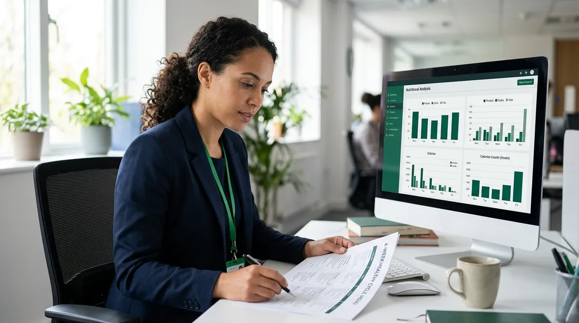 Dietitian-Approved Cycle Menus for Senior Care Facilities - Registered dietitian reviewing printed cycle menu with nutritional analysis charts
