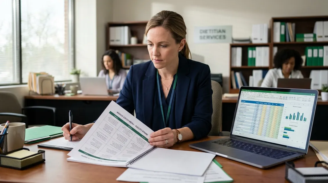 Dietitian-Approved Cycle Menus for Senior Care Facilities - Registered Dietitian reviewing nutrient analysis documents for senior care menus