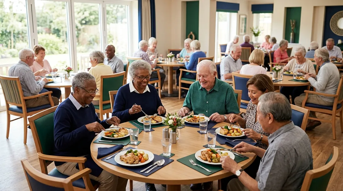 Dietitian-Approved Cycle Menus for Senior Care Facilities - Adult day care dining room with seniors eating a balanced lunch together at round tables Dietitian-Approved Cycle Menus for Senior Care Facilities - Adult day care dining room with seniors eating a balanced lunch together at round tables