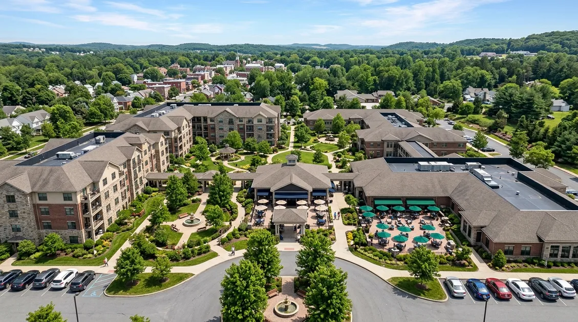 Dietitian-Approved Cycle Menus for Senior Care Facilities - Aerial view of a CCRC campus with multiple dining venues serving different care levels Dietitian-Approved Cycle Menus for Senior Care Facilities - Aerial view of a CCRC campus with multiple dining venues serving different care levels