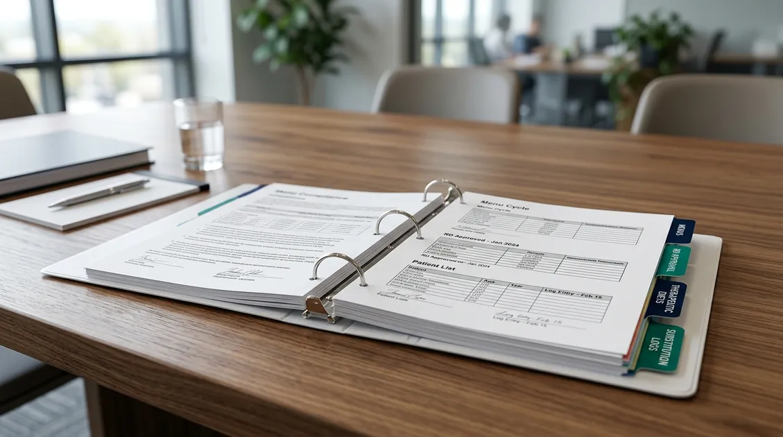 Open compliance binder with tabbed sections for menus and RD approval letters