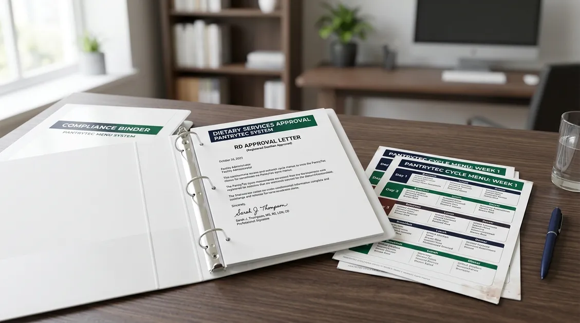 RD Approval Letter and compliance binder with PantryTec printed menus on a facility administrator desk