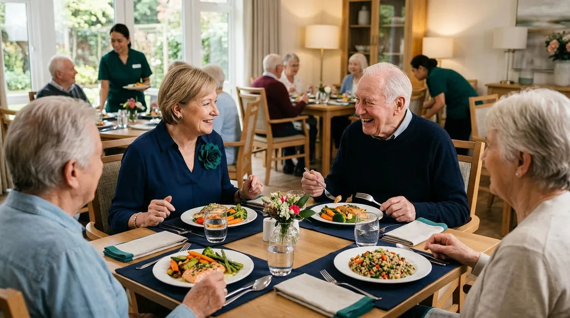 Assisted living dining room with seniors enjoying a colorful plated lunch