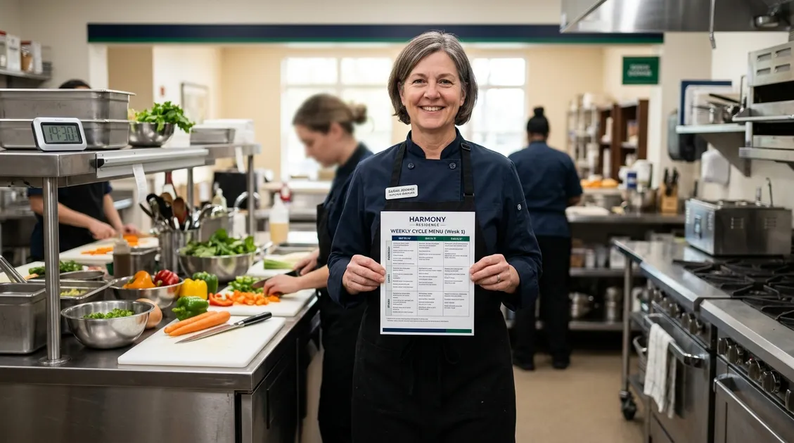 Dietitian-Approved Cycle Menus for Senior Care Facilities - Printed weekly cycle menu on bulletin board in assisted living kitchen