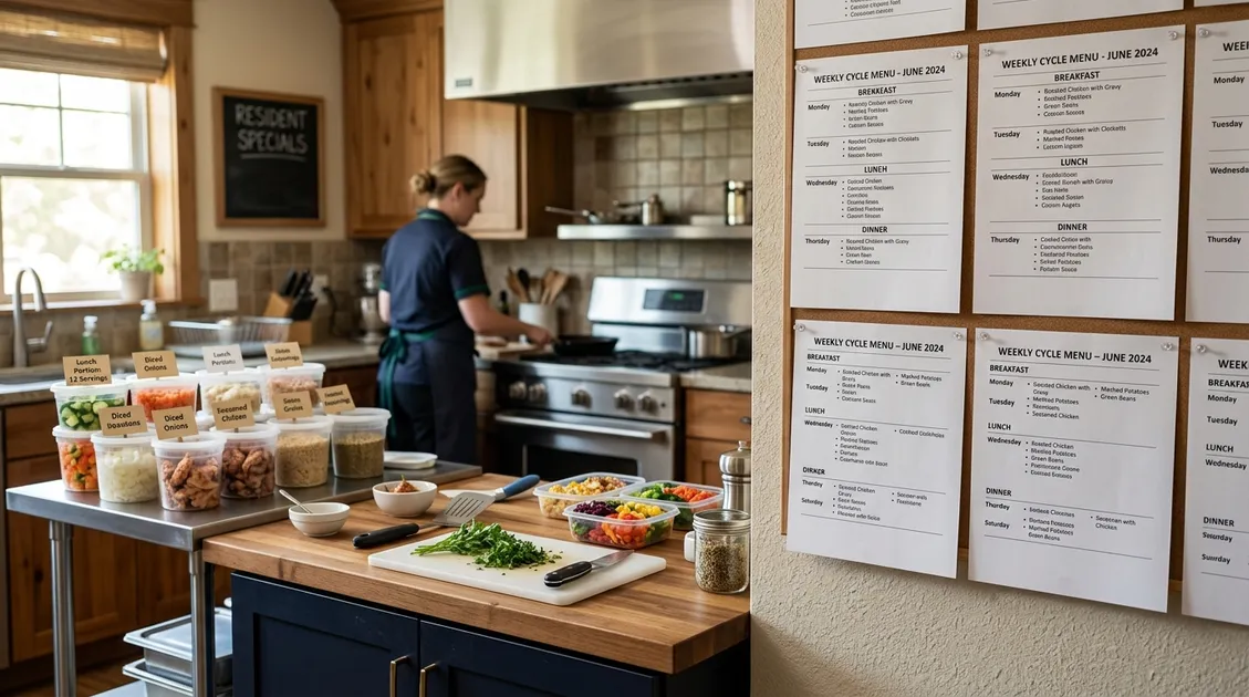 Dietitian-Approved Cycle Menus for Senior Care Facilities - Board and care home residential kitchen with printed cycle menus posted on the wall next to a weekly meal prep station