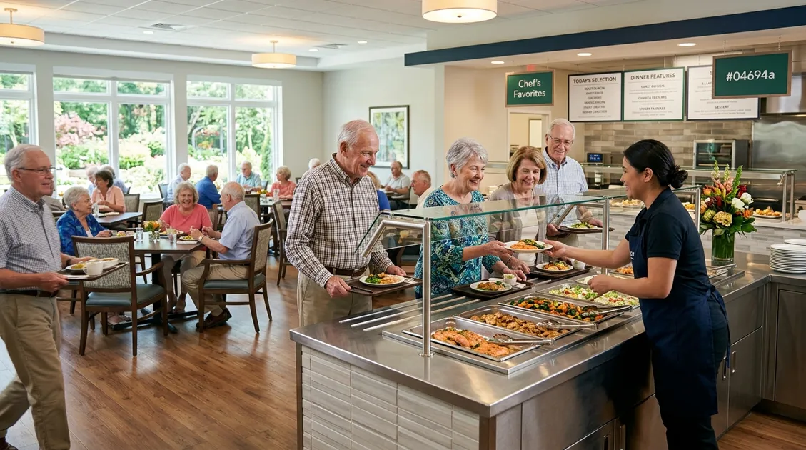 Dietitian-Approved Cycle Menus for Senior Care Facilities - Independent living community dining room with residents selecting entrées from a restaurant-style buffet