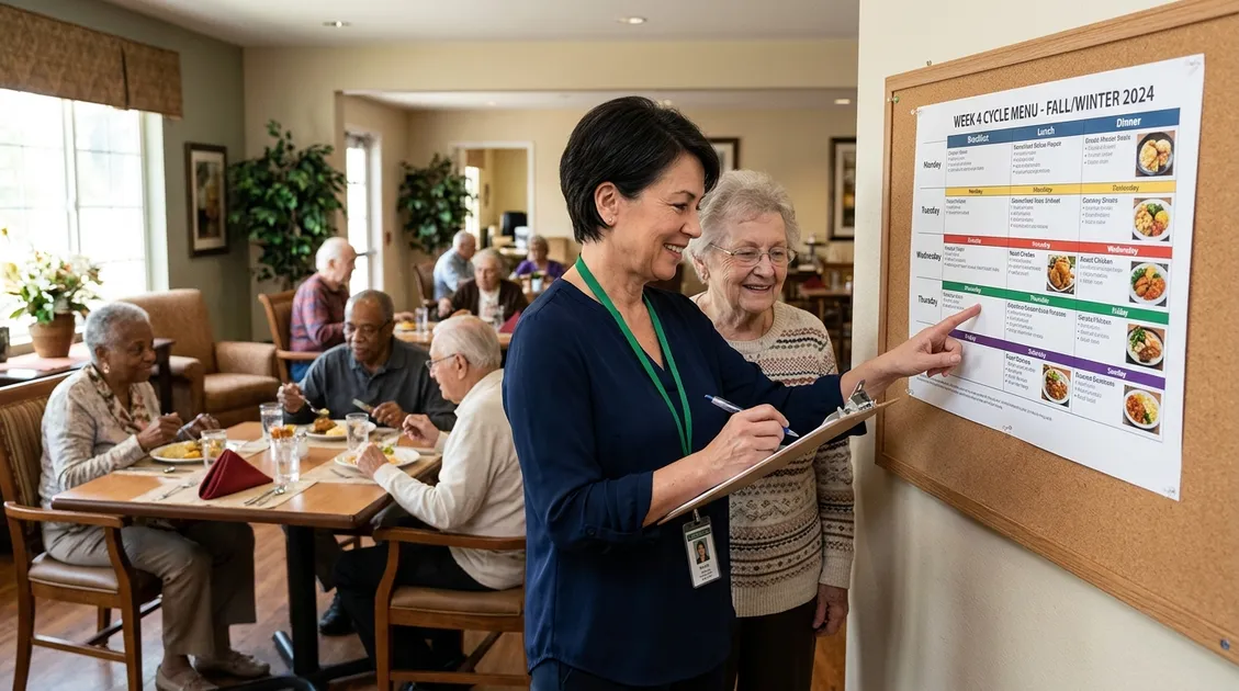 Dietitian-Approved Cycle Menus for Senior Care Facilities - California RCFE kitchen manager reviewing a printed cycle menu posted on a dining room bulletin board Dietitian-Approved Cycle Menus for Senior Care Facilities - California RCFE kitchen manager reviewing a printed cycle menu posted on a dining room bulletin board