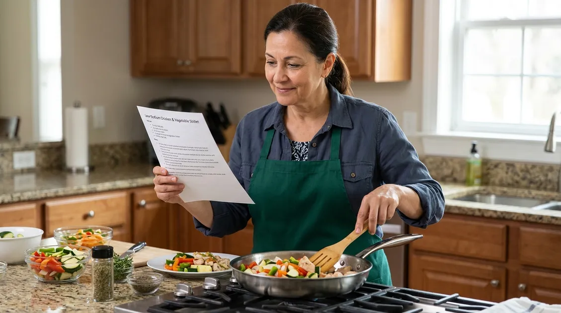 Caregiver in a residential kitchen preparing a sodium-restricted meal using a printed therapeutic diet recipe card