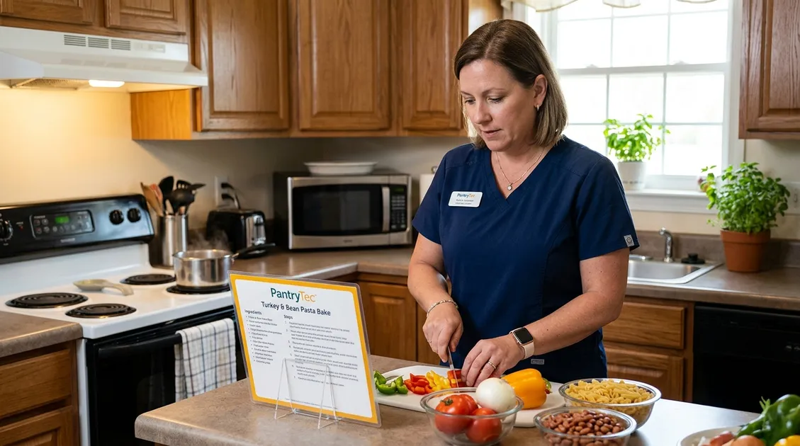 Caregiver in a group home kitchen following a printed standardized recipe card while preparing a resident meal