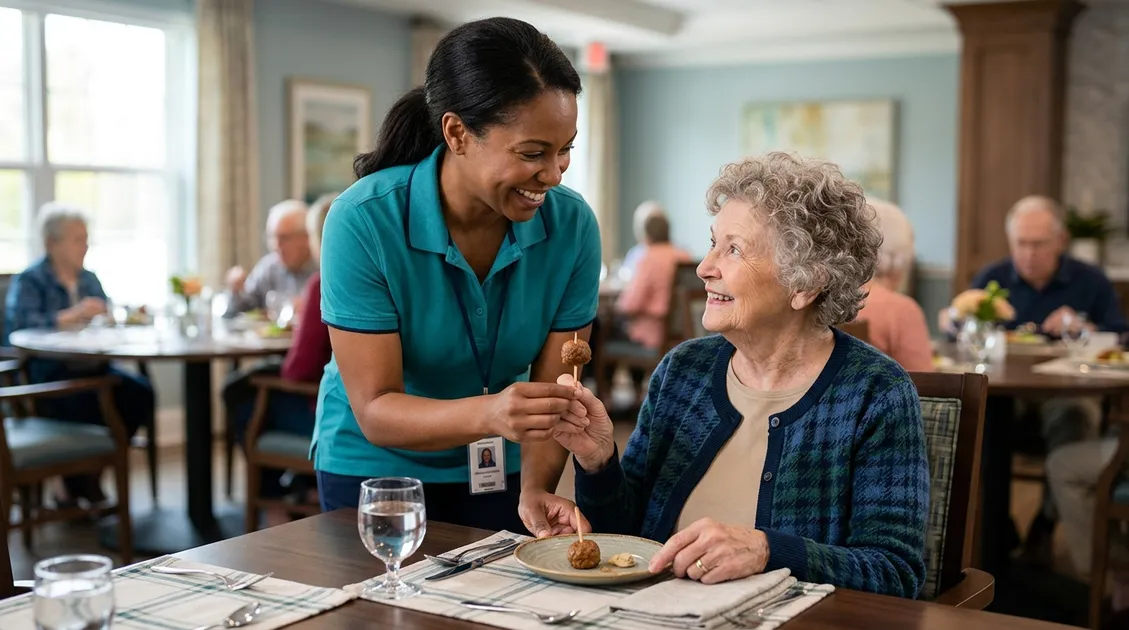 Dietitian-Approved Cycle Menus for Senior Care Facilities - Caregiver assisting senior resident with finger food snack in memory care dining room