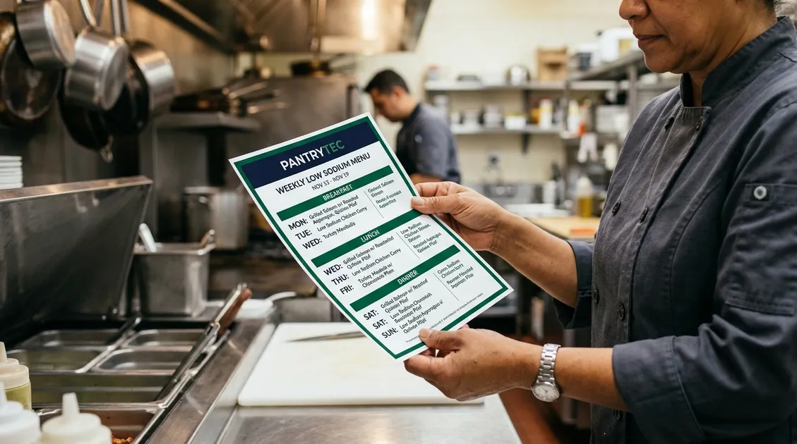 Dietitian-Approved Cycle Menus for Senior Care Facilities - Kitchen manager reviewing a PantryTec printed PDF low sodium menu posted on a facility kitchen wall