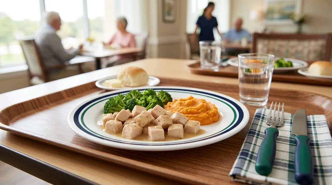 Dietitian-Approved Cycle Menus for Senior Care Facilities - IDDSI Level 6 soft and bite-sized meal plate showing tender diced chicken, steamed vegetables, and mashed sweet potato f