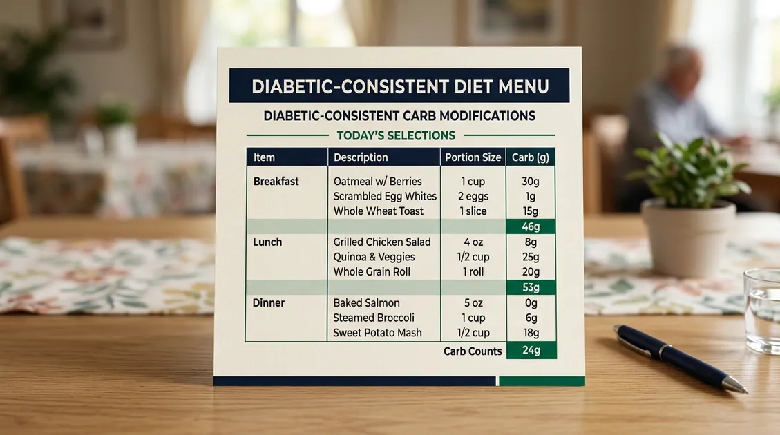 Printed therapeutic diet menu card showing diabetic modifications with portion sizes Printed therapeutic diet menu card showing diabetic modifications with portion sizes