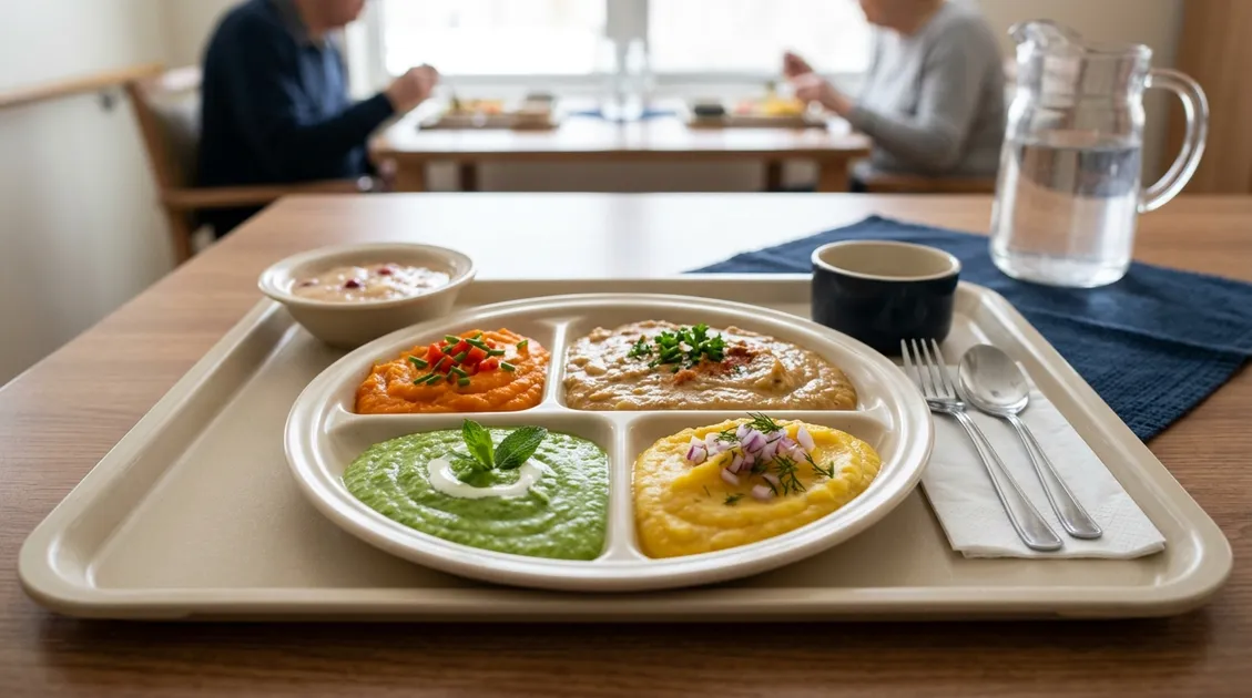 Texture-modified pureed meal on institutional tray with colorful appetizing presentation