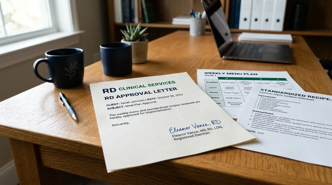 Dietitian-Approved Cycle Menus for Senior Care Facilities - RD Approval Letter document next to printed cycle menu on dietary manager desk