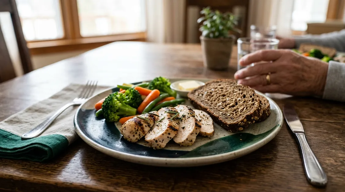 Close-up of balanced senior lunch plate with grilled chicken steamed vegetables and whole grain roll Close-up of balanced senior lunch plate with grilled chicken steamed vegetables and whole grain roll