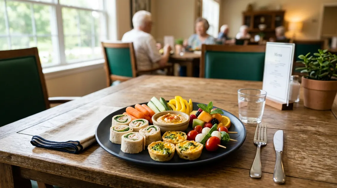 Dietitian-Approved Cycle Menus for Senior Care Facilities - Colorful finger food meal tray arranged for memory care resident with high-contrast plates