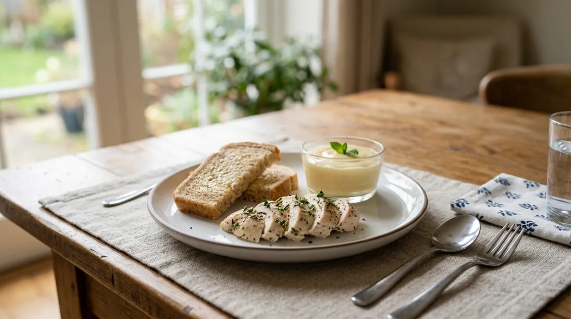 Comfort-focused hospice renal meal with fortified pudding and herb-seasoned chicken