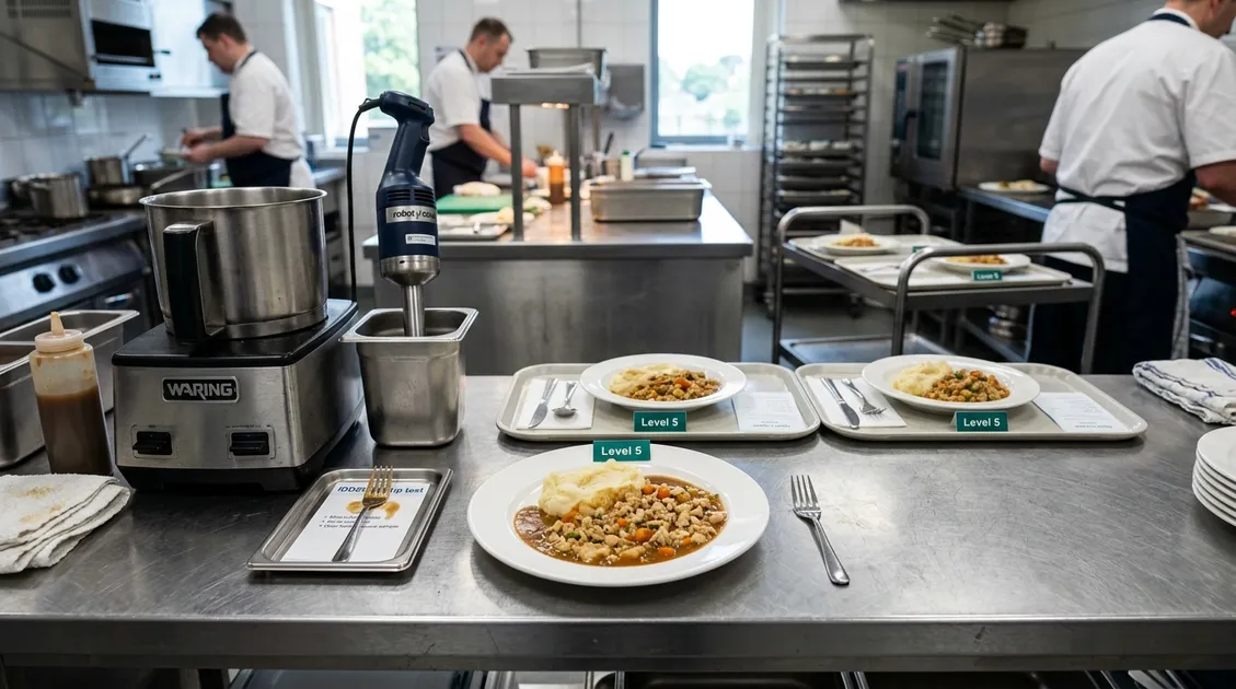 Commercial food processor with minced food and ruler showing 4mm particle size measurement