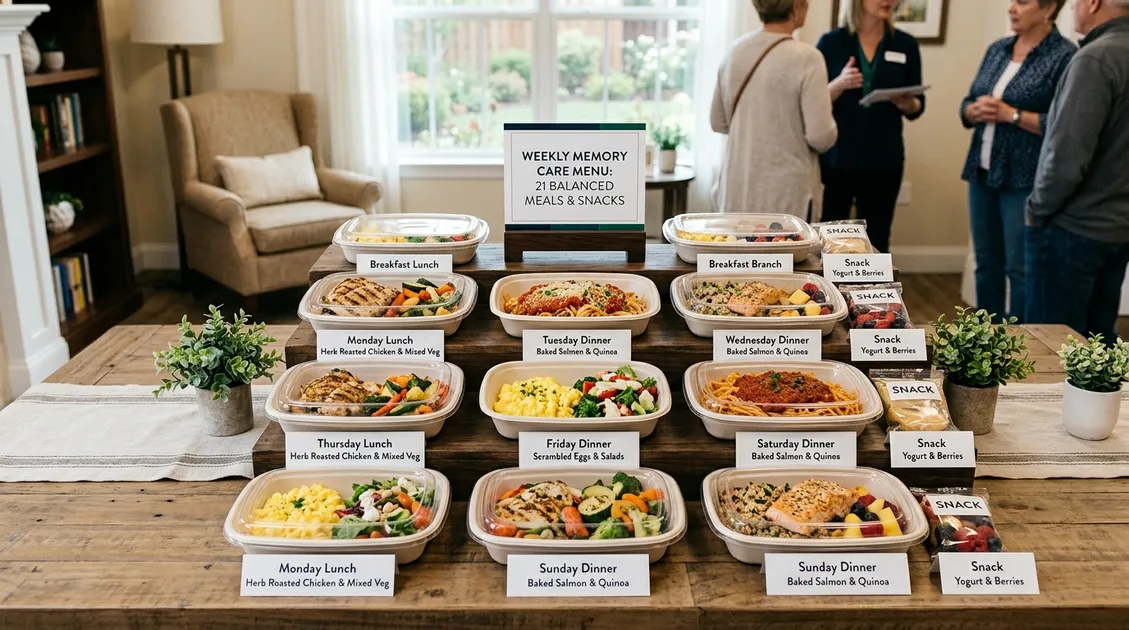 Complete weekly meal spread for memory care unit with high-contrast finger food items