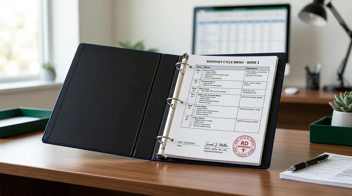 Dietitian-Approved Cycle Menus for Senior Care Facilities - Compliance binder open on desk with printed cycle menu showing dietitian signature and approval stamp Dietitian-Approved Cycle Menus for Senior Care Facilities - Compliance binder open on desk with printed cycle menu showing dietitian signature and approval stamp