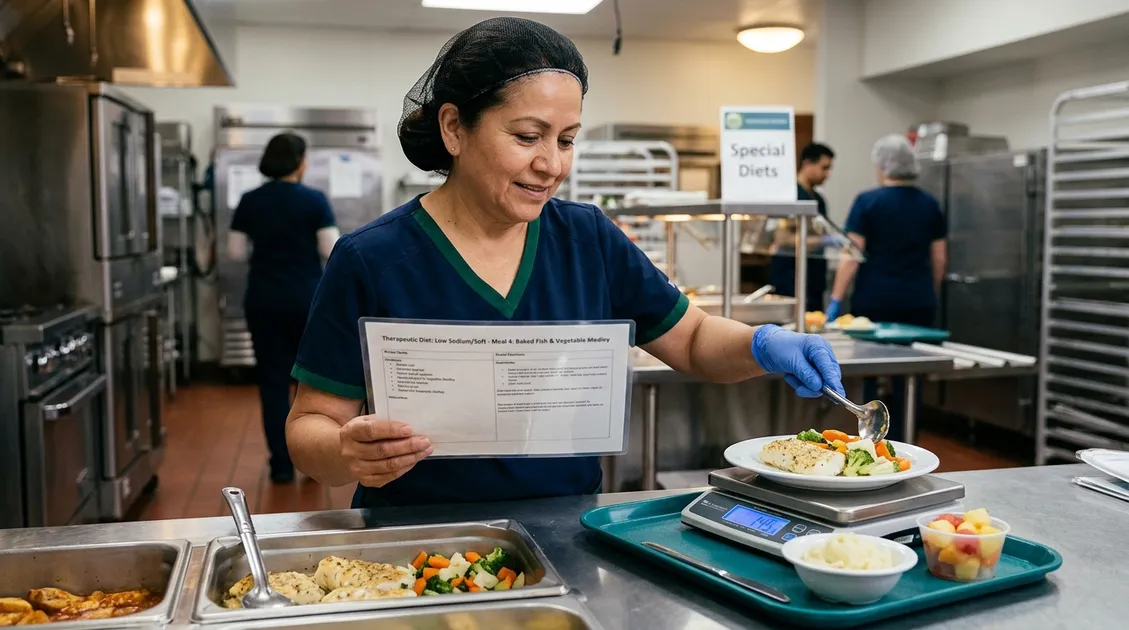 Dietary aide portioning a meal tray using standardized recipe card and digital scale in senior care kitchen