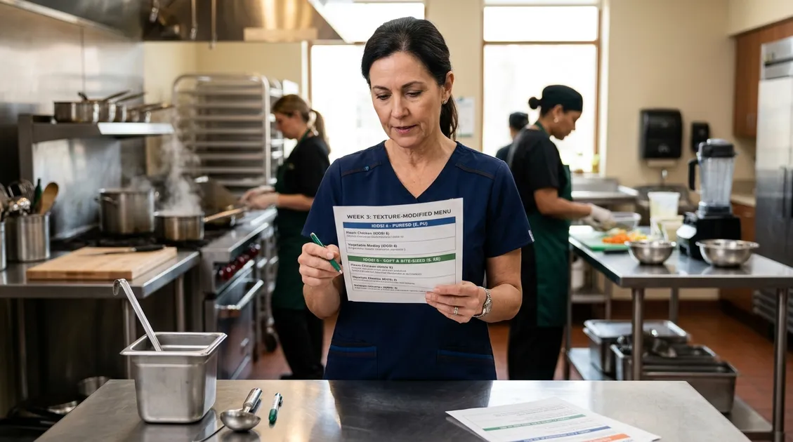 Dietitian-Approved Cycle Menus for Senior Care Facilities - Dietary manager reviewing an IDDSI-compliant menu in a senior care kitchen