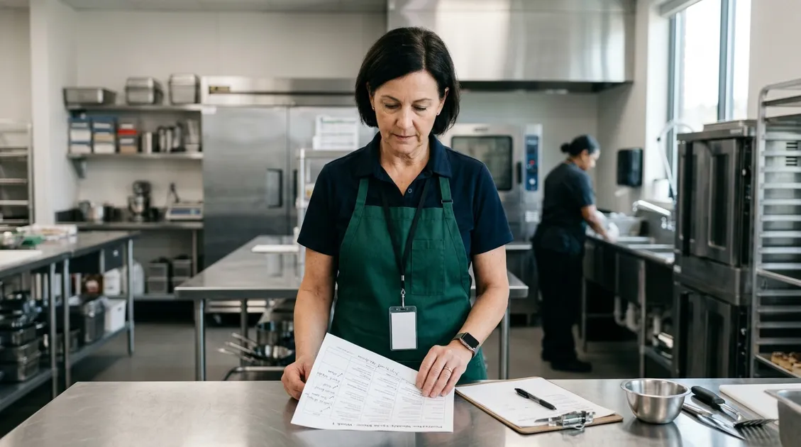 Dietitian-Approved Cycle Menus for Senior Care Facilities - Dietary manager reviewing printed weekly cycle menu in assisted living kitchen
