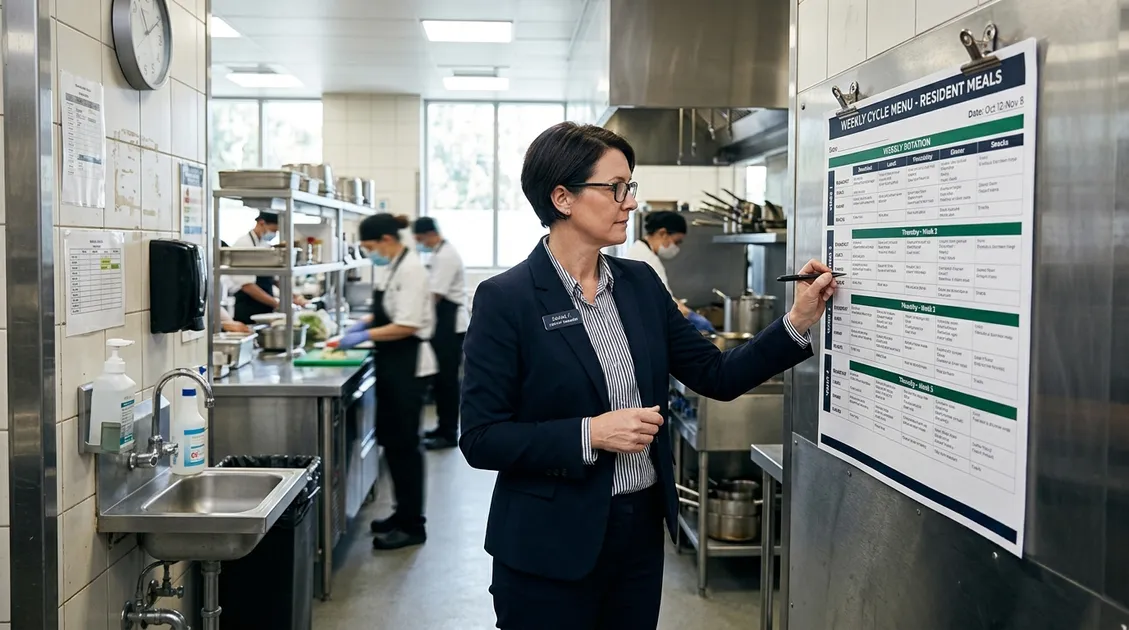 Dietitian-Approved Cycle Menus for Senior Care Facilities - Dietary manager reviewing a printed 4-week cycle menu rotation posted on a commercial kitchen wall Dietitian-Approved Cycle Menus for Senior Care Facilities - Dietary manager reviewing a printed 4-week cycle menu rotation posted on a commercial kitchen wall