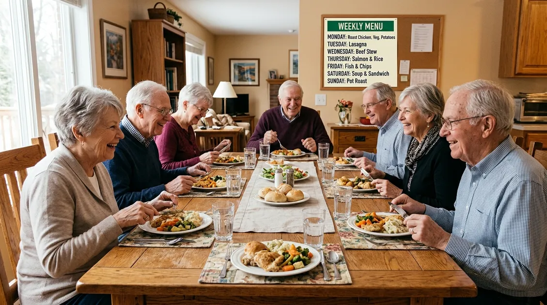 Group home dining room with 8-10 senior residents eating a served meal together at a home-style table