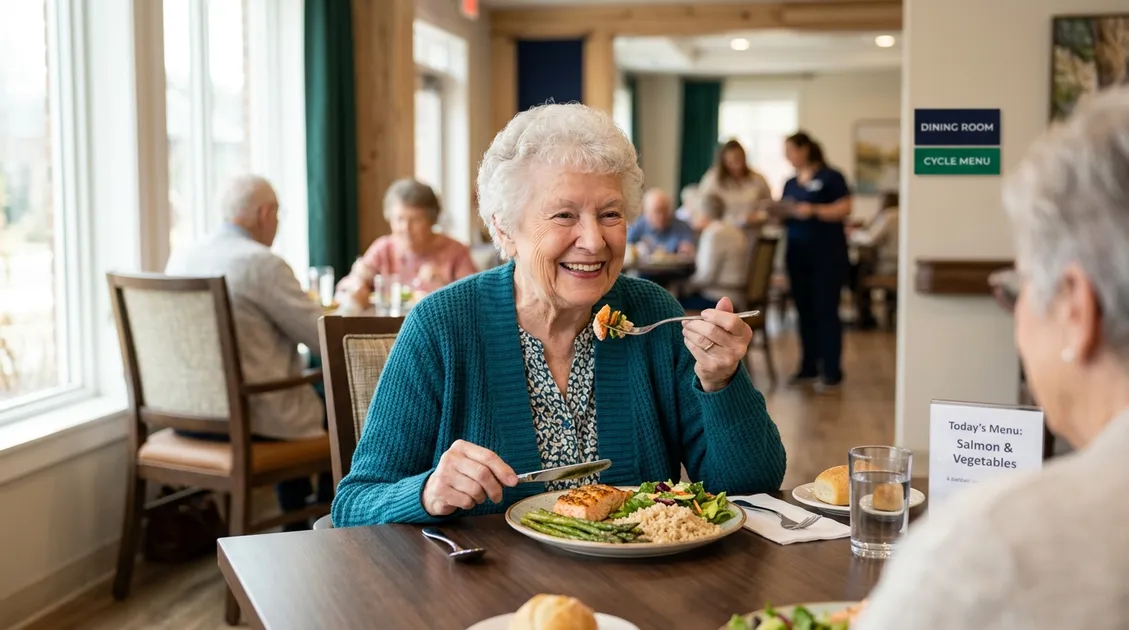 Nursing home resident enjoying a meal from a dietitian-approved cycle menu in a bright dining room