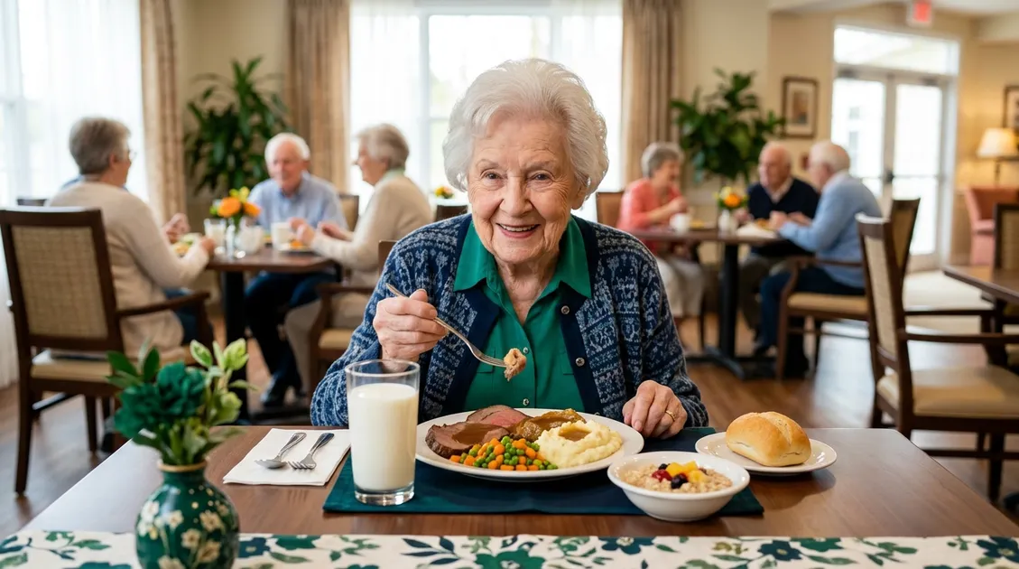 Dietitian-Approved Cycle Menus for Senior Care Facilities - Elderly resident eating a calorie-dense fortified meal in an assisted living dining room