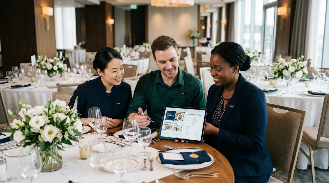 Dietitian-Approved Cycle Menus for Senior Care Facilities - Event catering team reviewing a digital proposal on tablet at banquet hall setup