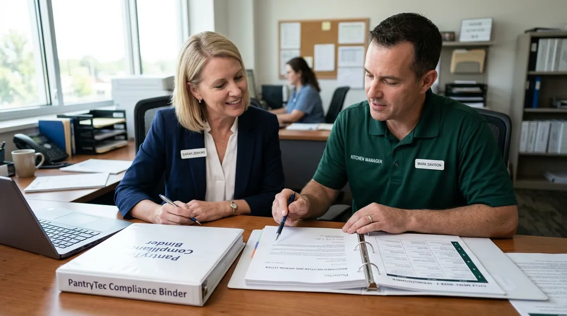 Facility administrator reviewing PantryTec compliance binder with RD approval letter and IDDSI Level 6 cycle menu printo