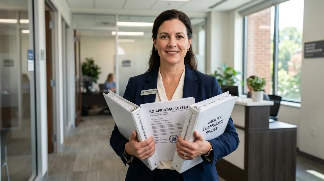 Assisted living facility administrator reviewing compliance binder with printed RD approval letter