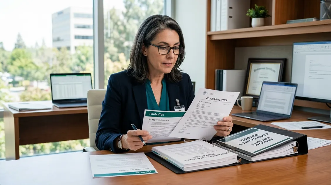 Senior living kitchen with printed PantryTec cycle menus posted next to daily prep schedule