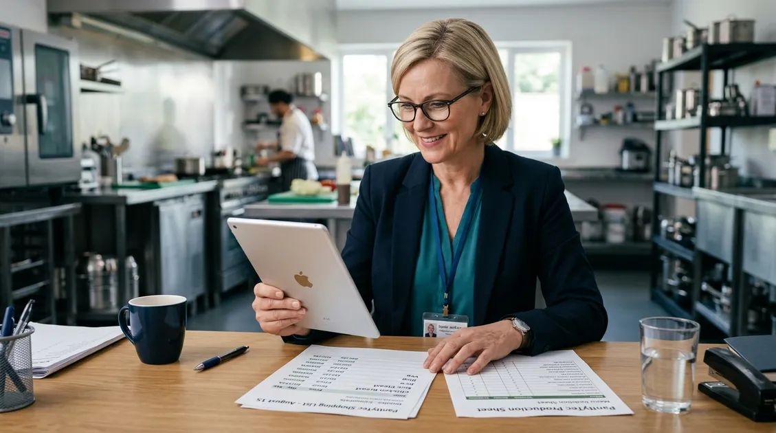 SNF food service director comparing wholesale grocery prices next to a PantryTec shopping list
