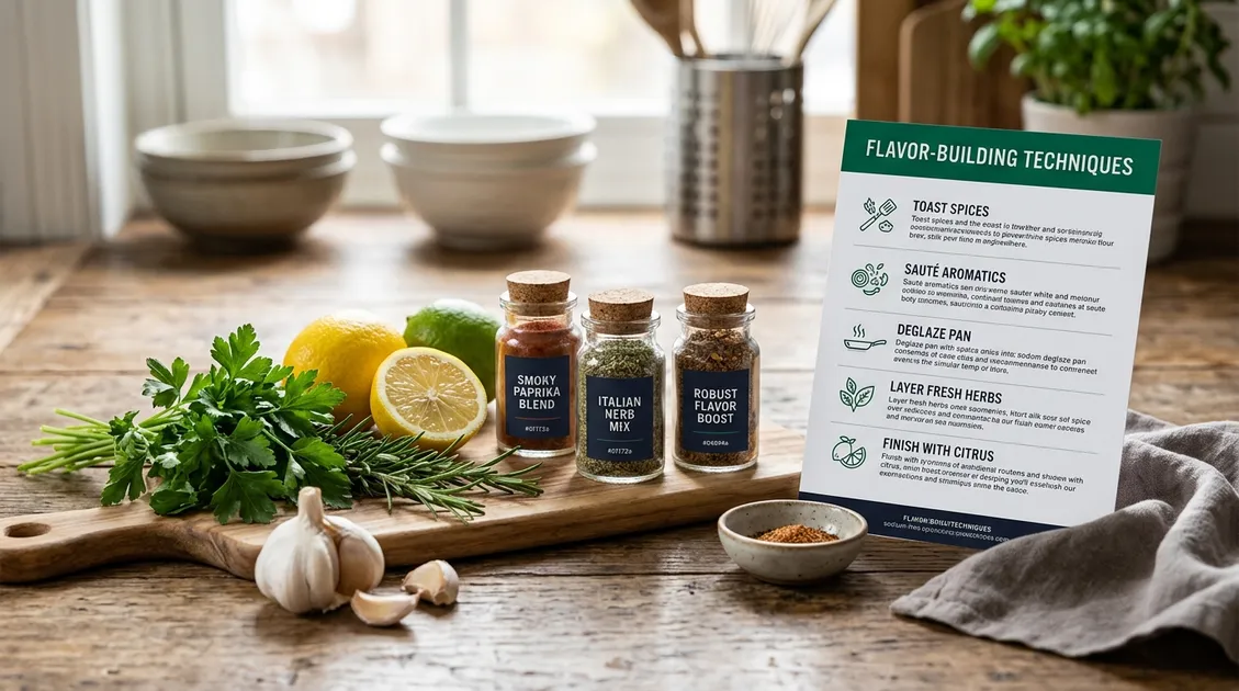 Fresh herbs lemon garlic and spices arranged on a cutting board next to a PantryTec standardized recipe card