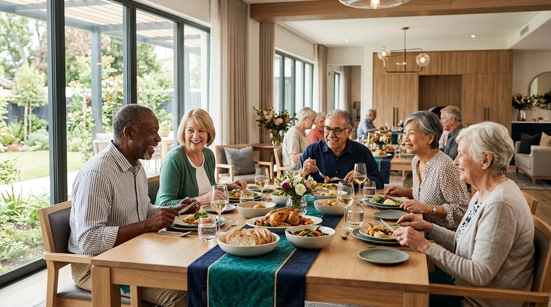 Diverse senior residents dining together at modern assisted living community table
