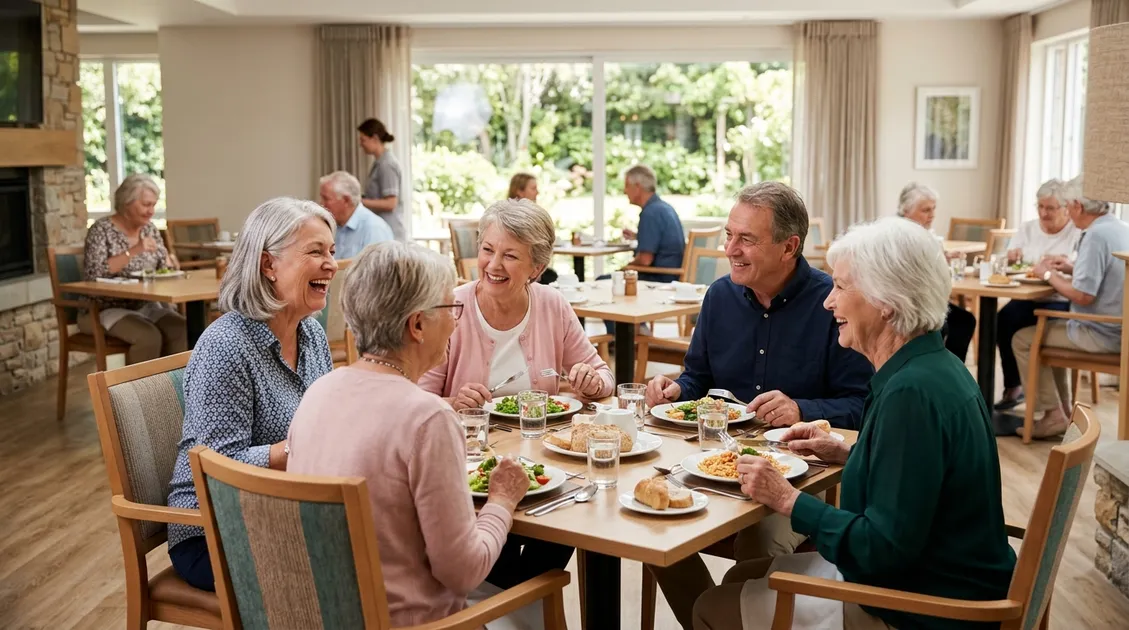 Senior participants enjoying lunch at an adult day care program in a bright community dining space Senior participants enjoying lunch at an adult day care program in a bright community dining space