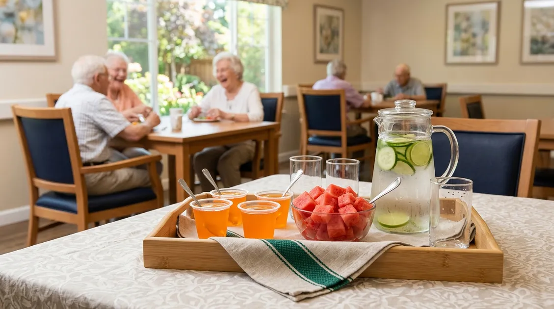 Hydration-rich snack tray with gelatin cups and fruit in memory care dining room