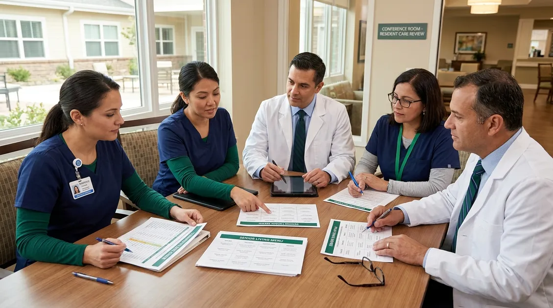 Interdisciplinary care team reviewing therapeutic diet order with PantryTec menu documents