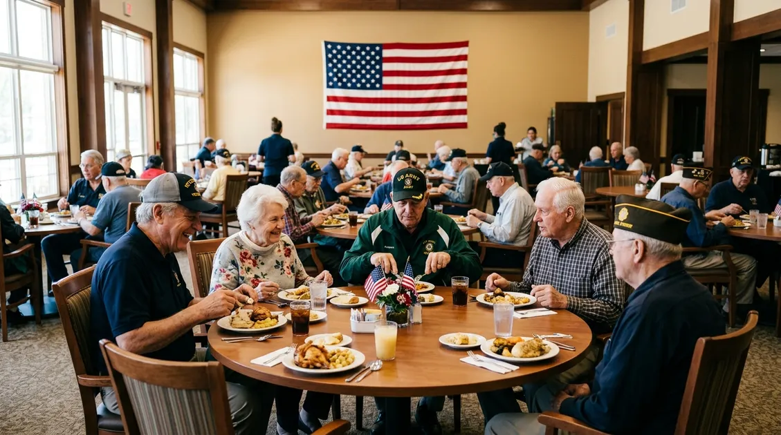 Dietitian-Approved Cycle Menus for Senior Care Facilities - Veterans home dining room with elderly veteran residents eating a plated lunch at round tables