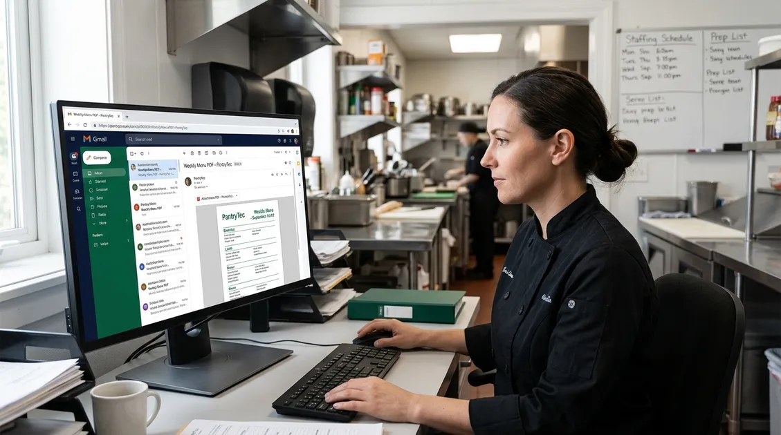 Kitchen manager printing a PantryTec PDF cycle menu from email delivery