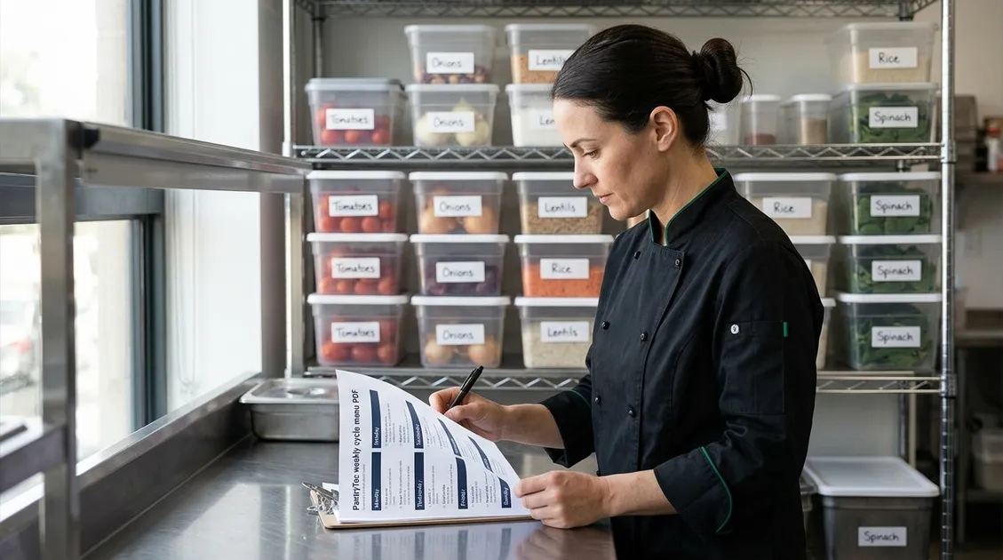 Kitchen manager reviewing printed weekly cycle menu PDF next to inventory tracking data Kitchen manager reviewing printed weekly cycle menu PDF next to inventory tracking data
