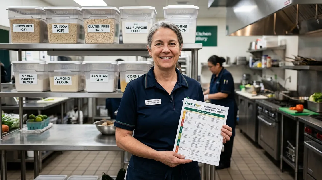 Dietitian-Approved Cycle Menus for Senior Care Facilities - Kitchen manager reviewing a printed PantryTec gluten-free weekly cycle menu PDF