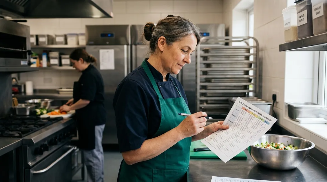 Kitchen manager printing weekly cycle menu PDF in senior care facility kitchen