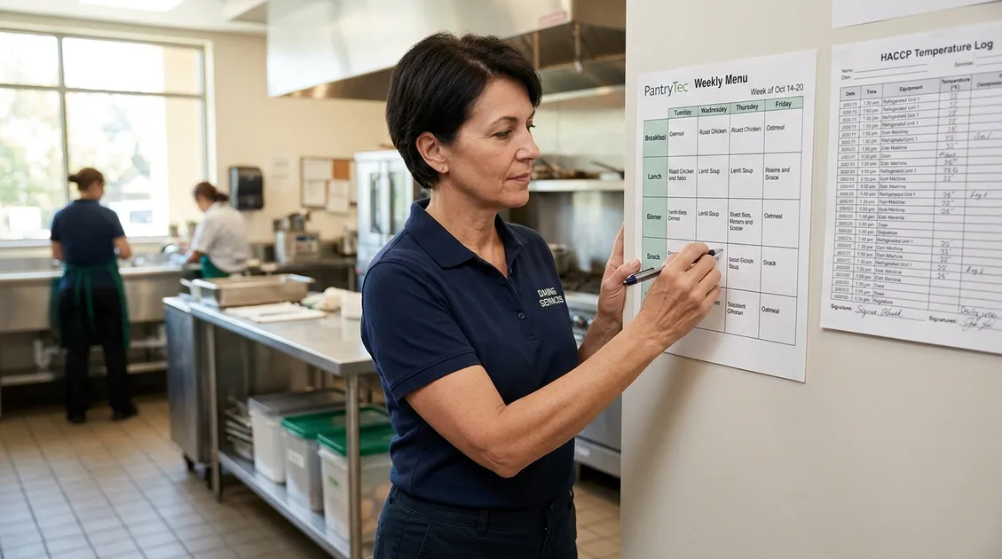 Dietitian-Approved Cycle Menus for Senior Care Facilities - Kitchen manager reviewing printed PantryTec weekly cycle menu on assisted living kitchen wall