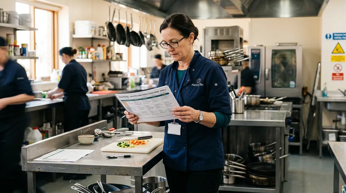 Dietitian-Approved Cycle Menus for Senior Care Facilities - Kitchen manager reviewing a printed cycle menu at an assisted living facility prep station